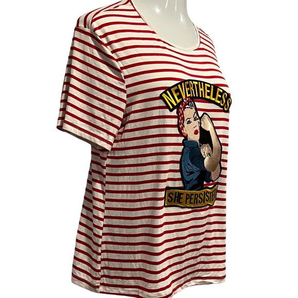 Melissa Masse 'Rosie the Riveter' Striped T-Shirt, USA, Red White, 1X - Picture 9 of 11